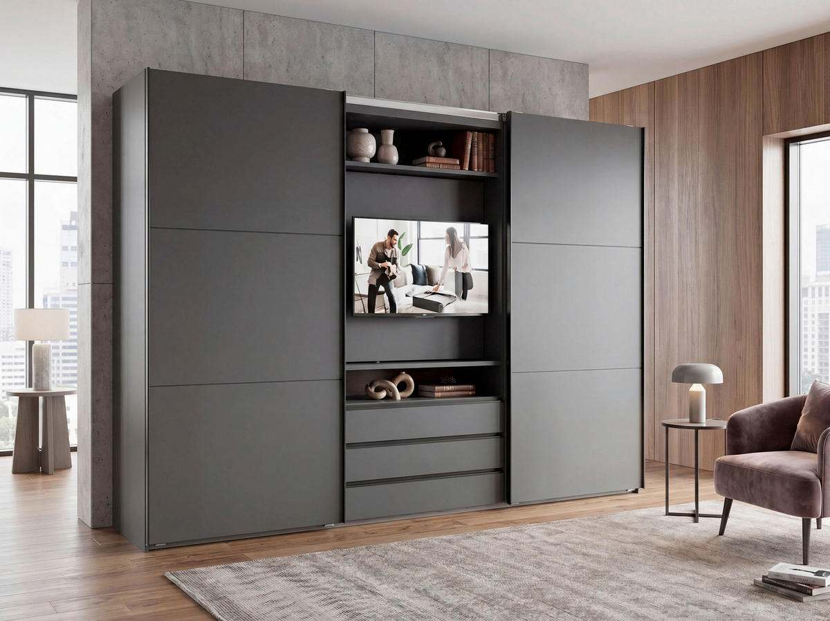 SCHWEBETÜRENSCHRANK  in Weiß  - Edelstahlfarben/Weiß, MODERN, Holzwerkstoff/Metall (300/216/65cm) - P & B