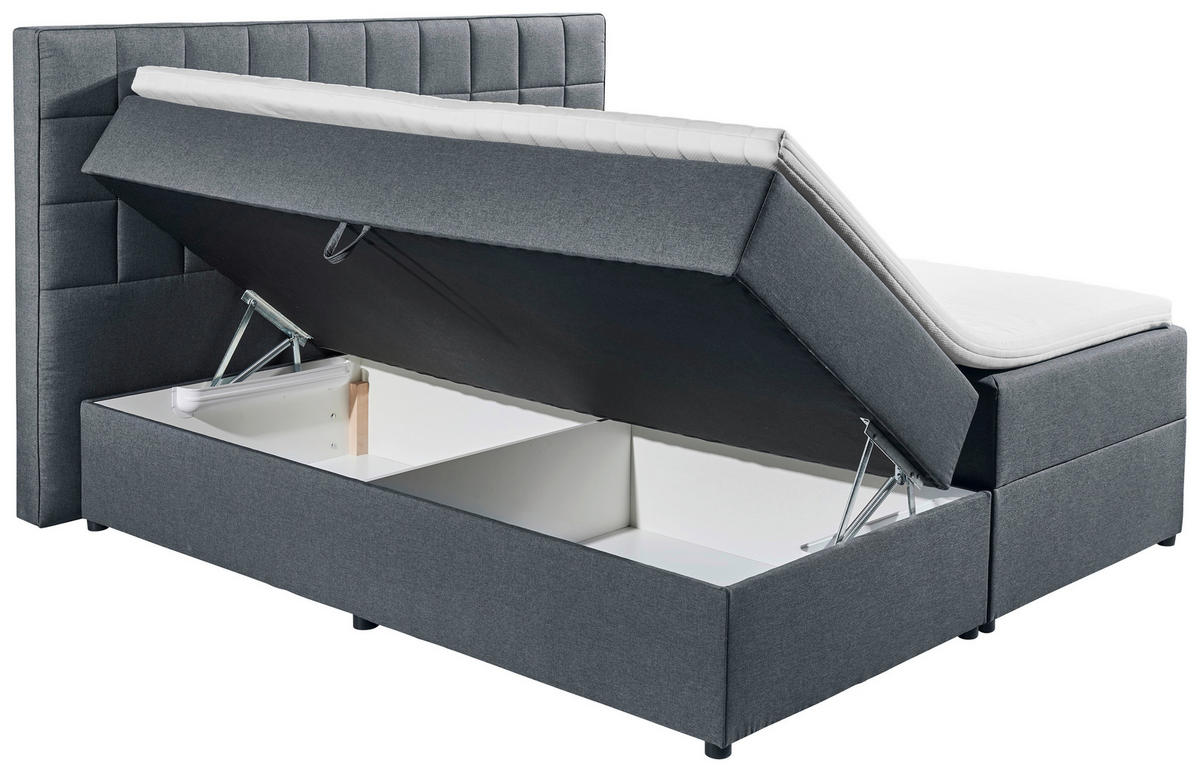 BOXBETT 180/200 cm,  in Anthrazit, gepolstertes Kopfteil, Bettkasten, Topper, H2 + H2 = mittel  - Anthrazit, Basics, Kunststoff/Textil (180/200cm) - MID.YOU
