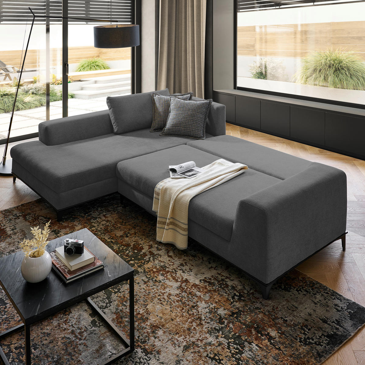 ECKSOFA inkl. Funktionen Grau Webstoff Rückenkissen, Bettkasten, Schlaffunktion, Rücken echt  - Wengefarben/Schwarz, Design, Holz/Textil (211/314cm) - Stylife