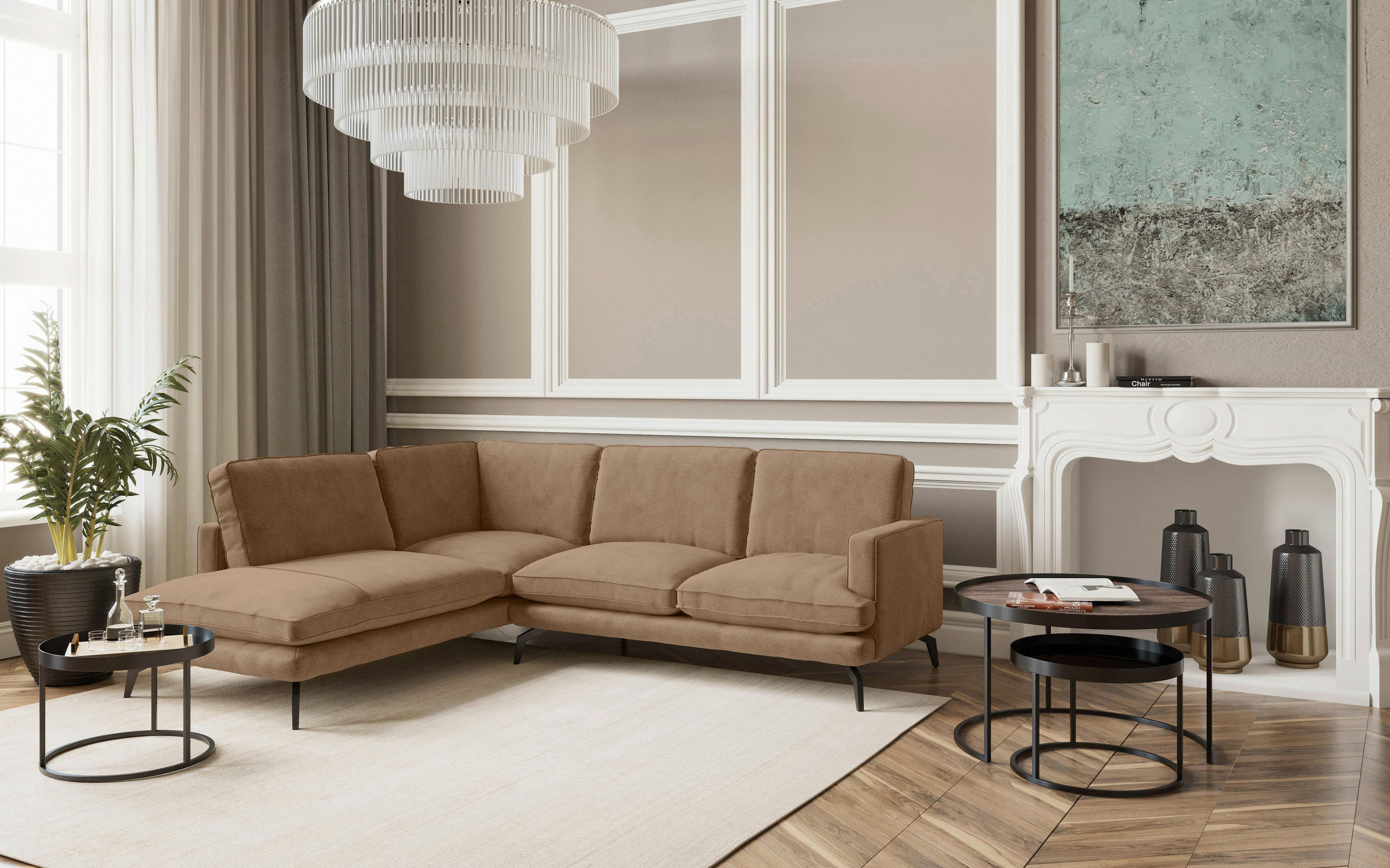 ECKSOFA in Flachgewebe Braun  - Dunkelgelb/Schwarz, Design, Textil/Metall (202/250cm) - Livetastic