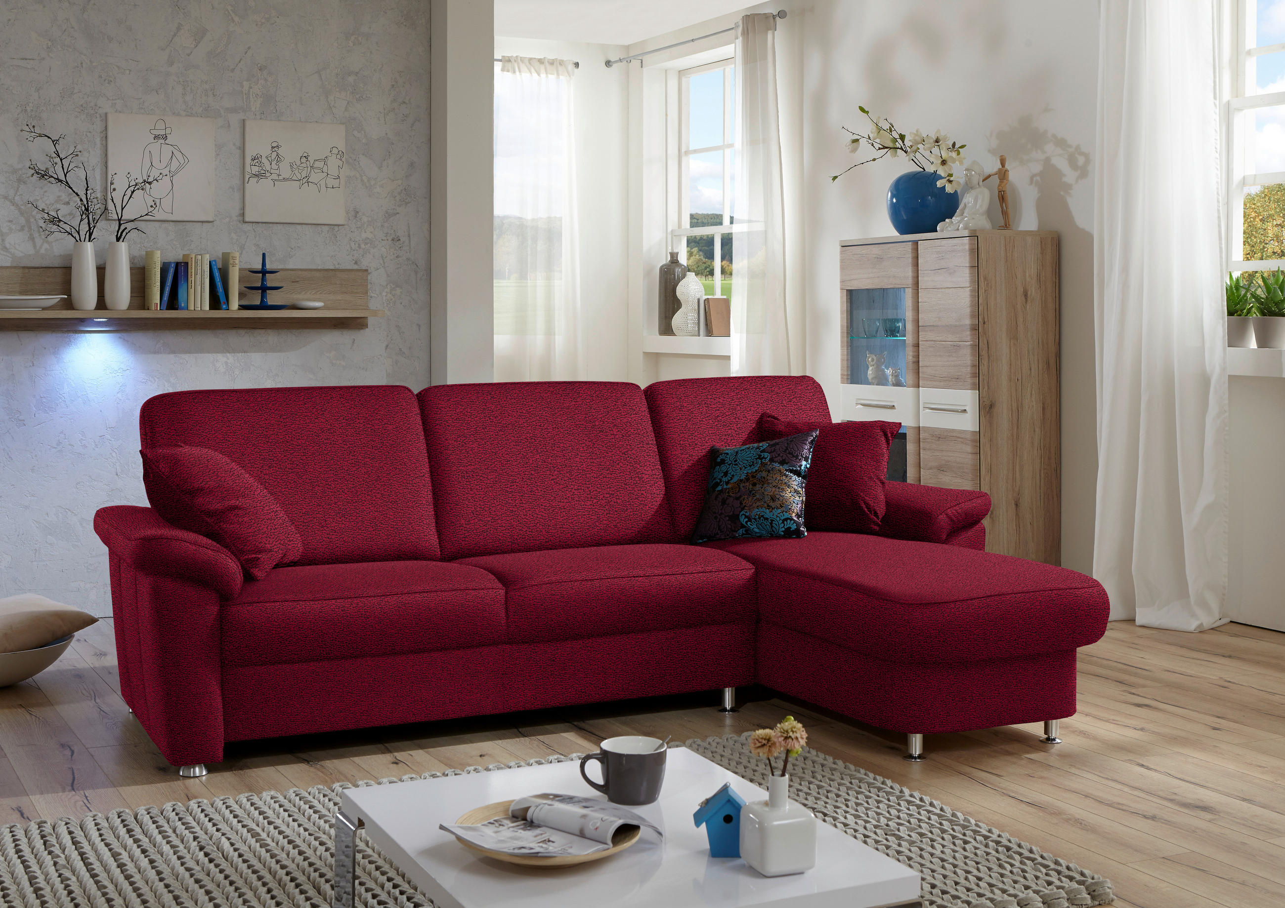 ECKSOFA in Flachgewebe Weinrot  - Chromfarben/Weinrot, Konventionell, Textil/Metall (250/163cm) - Beldomo System