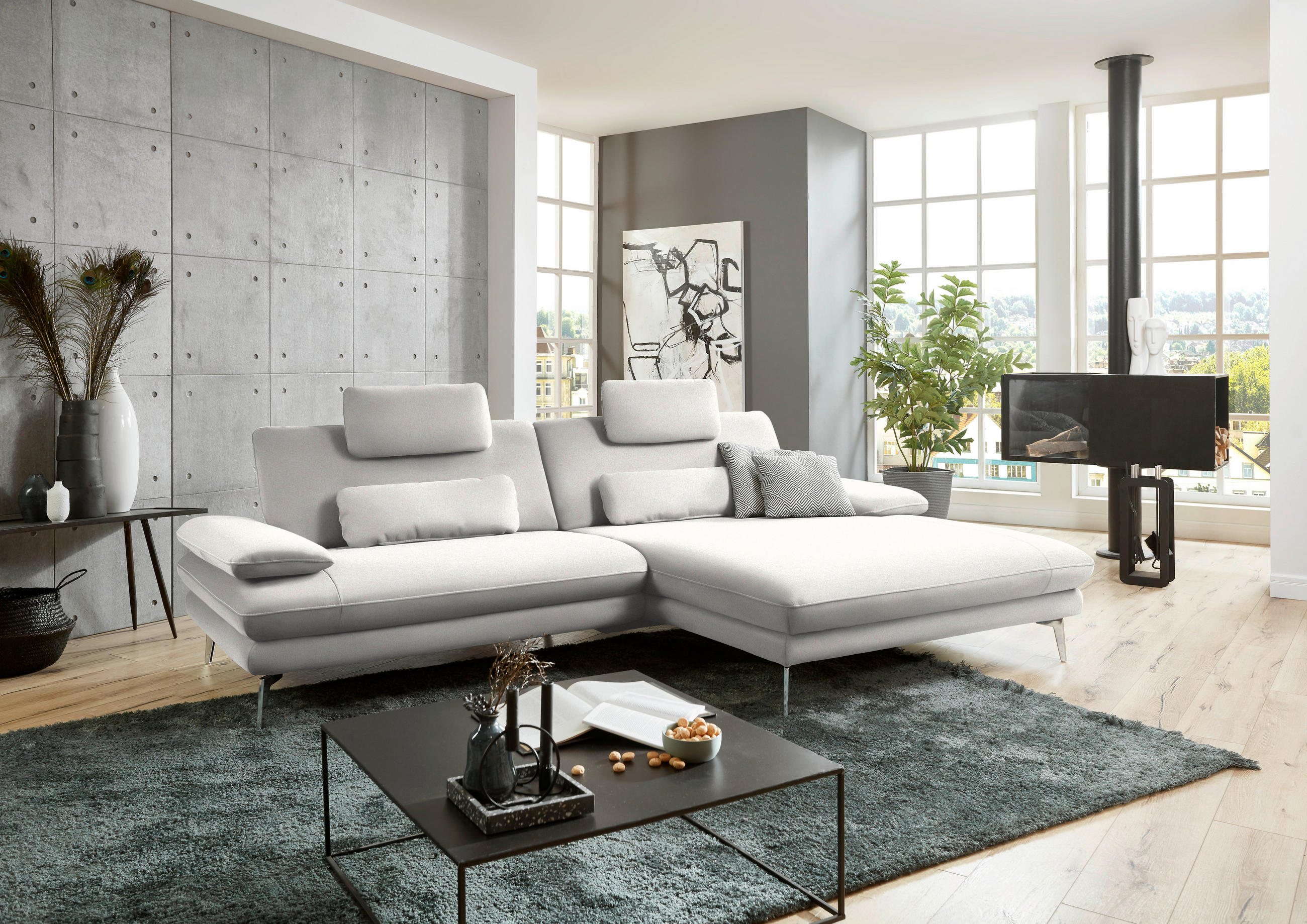 ECKSOFA in Webstoff Creme, Naturfarben  284/184 cm  - Creme/Schwarz, Design, Textil/Metall (284/184cm) - Dieter Knoll