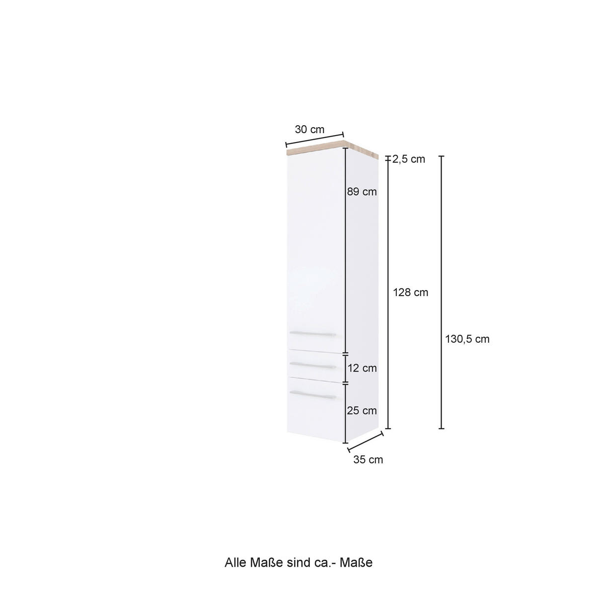 MIDISCHRANK 30/130/35 cm  - Alufarben/Weiß, KONVENTIONELL, Holzwerkstoff/Metall (30/130/35cm) - Xora