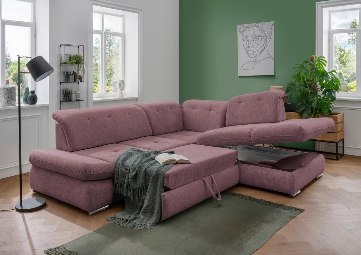 ECKSOFA Brombeere Chenille  - Chromfarben/Brombeere, Design, Textil/Metall (280/254cm) - Livetastic