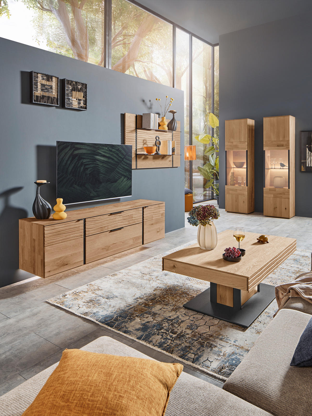 WOHNWAND  Eichefarben 284/184/44 cm  - Eichefarben/Anthrazit, Natur, Glas/Holz (284/184/44cm) - Valnatura