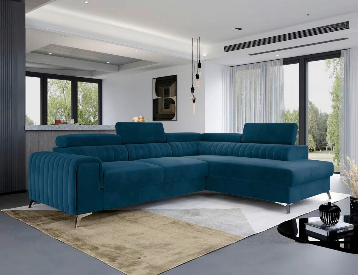 ECKSOFA  Blau Samt  - Blau/Silberfarben, Design, Textil/Metall (278/205cm) - MID.YOU