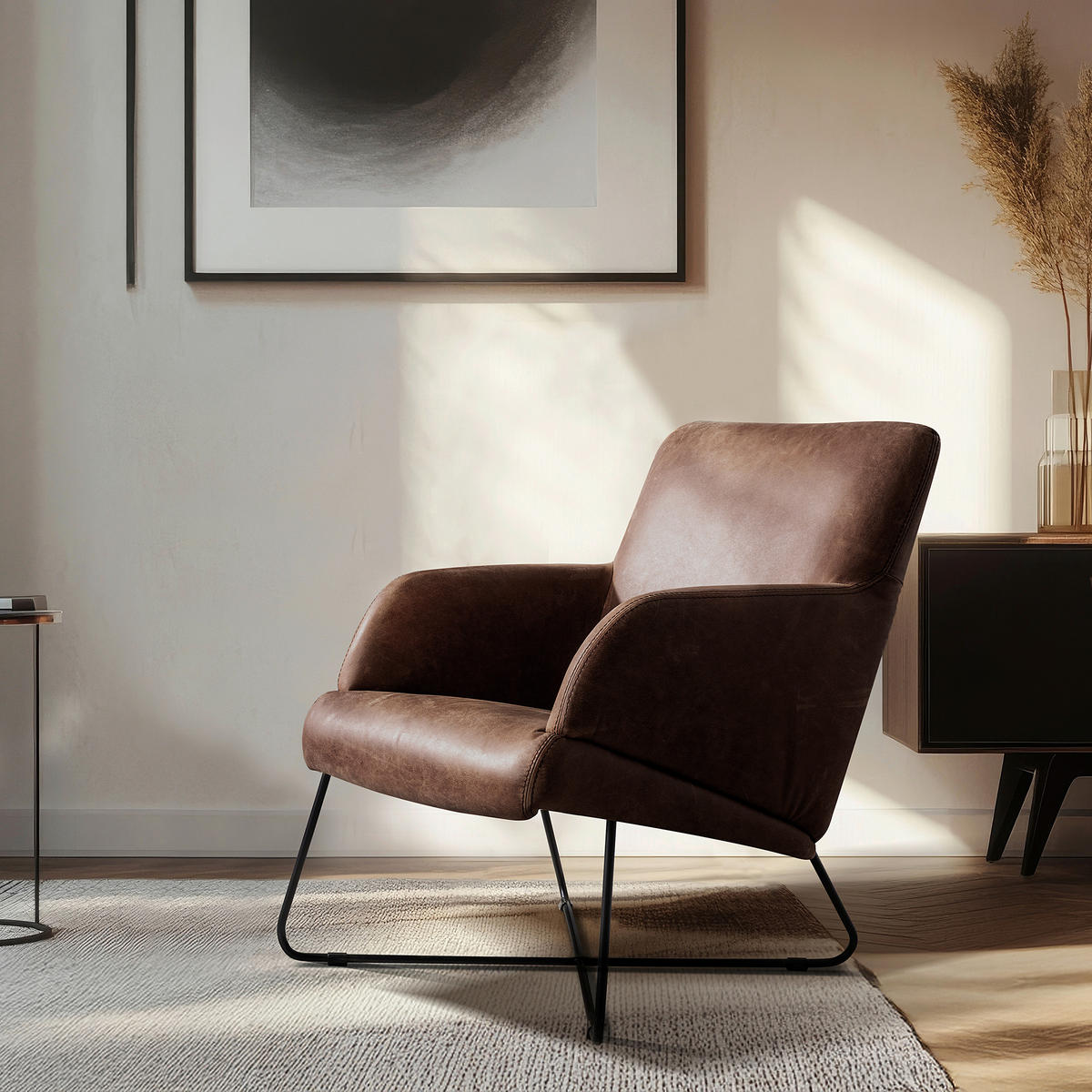 SESSEL in Echtleder Braun  - Schwarz/Braun, Design, Leder/Metall (67/87/74cm) - Livetastic