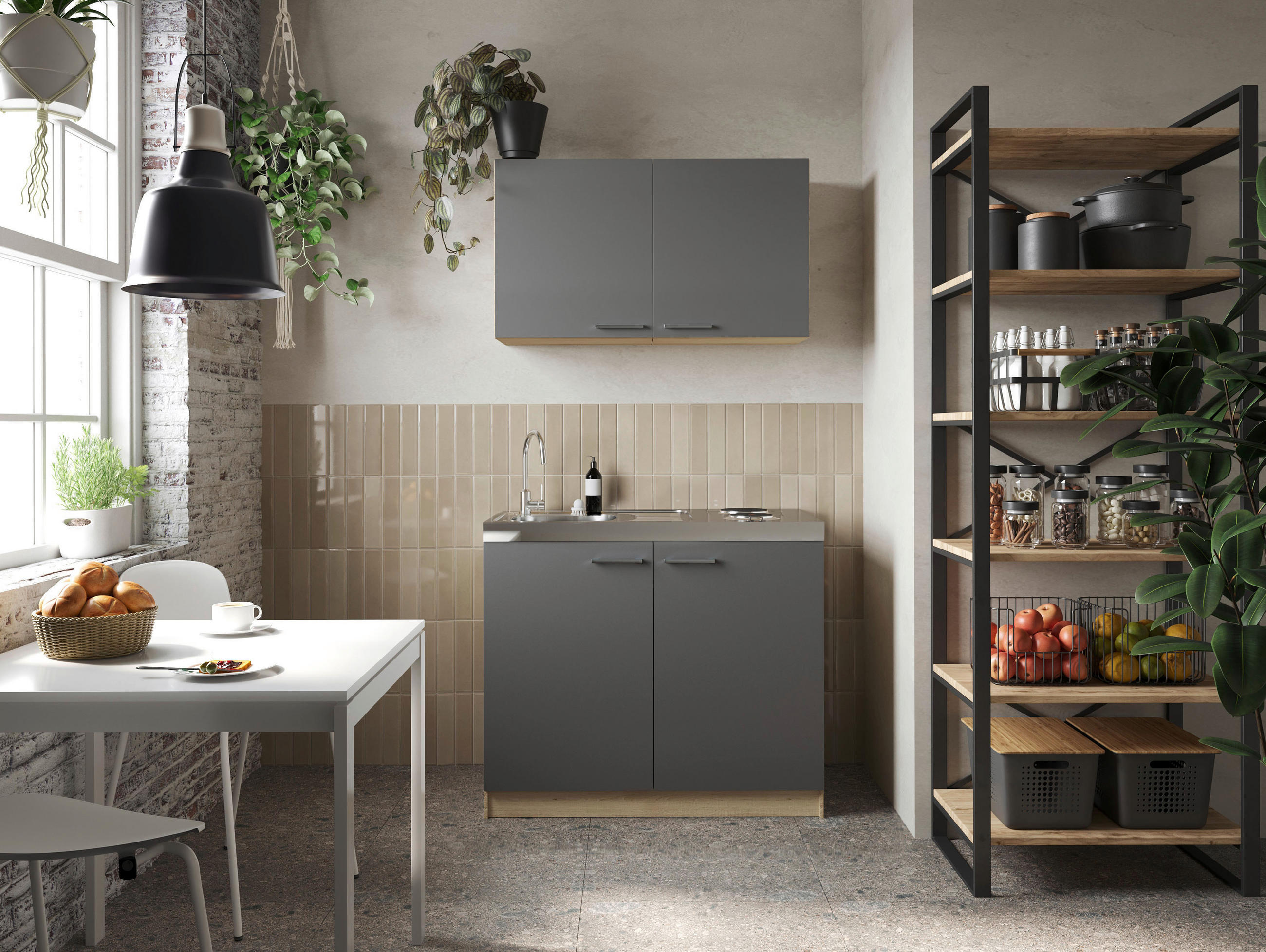 MINIKÜCHE 100 cm   in Grau, Eichefarben  - Eichefarben/Silberfarben, Basics, Holzwerkstoff/Metall (100cm) - Respekta