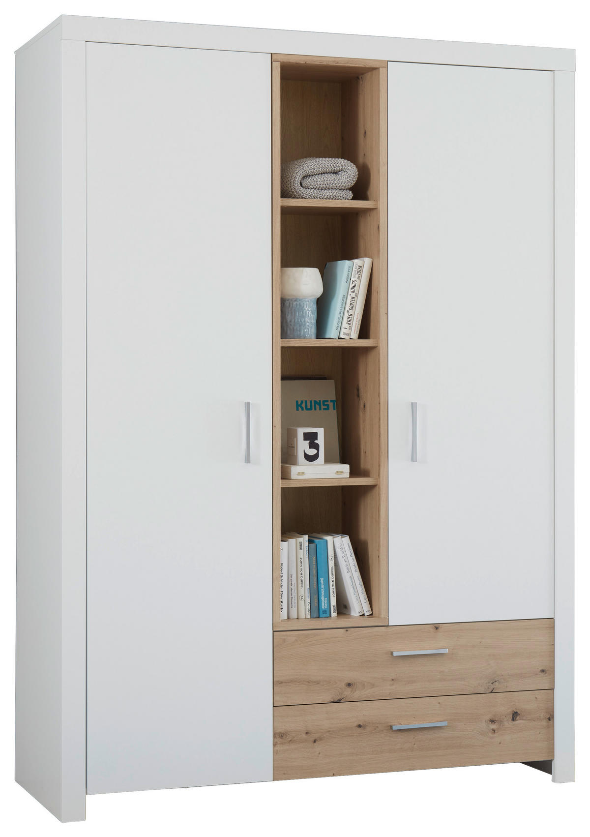 DREHTÜRENSCHRANK  in Weiß, Eiche Artisan  - Silberfarben/Weiß, Design, Holzwerkstoff/Metall (143/200/55cm) - Xora