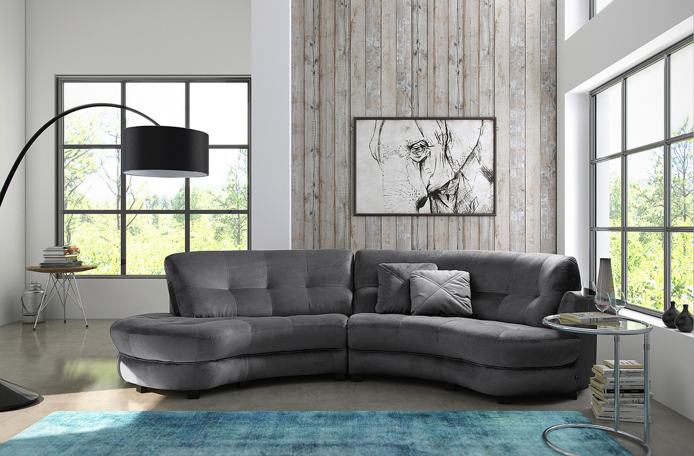ECKSOFA BRETANIA in Samt Anthrazit  113/300 cm  - Anthrazit/Schwarz, Design, Kunststoff/Textil (113/300cm) - Livetastic