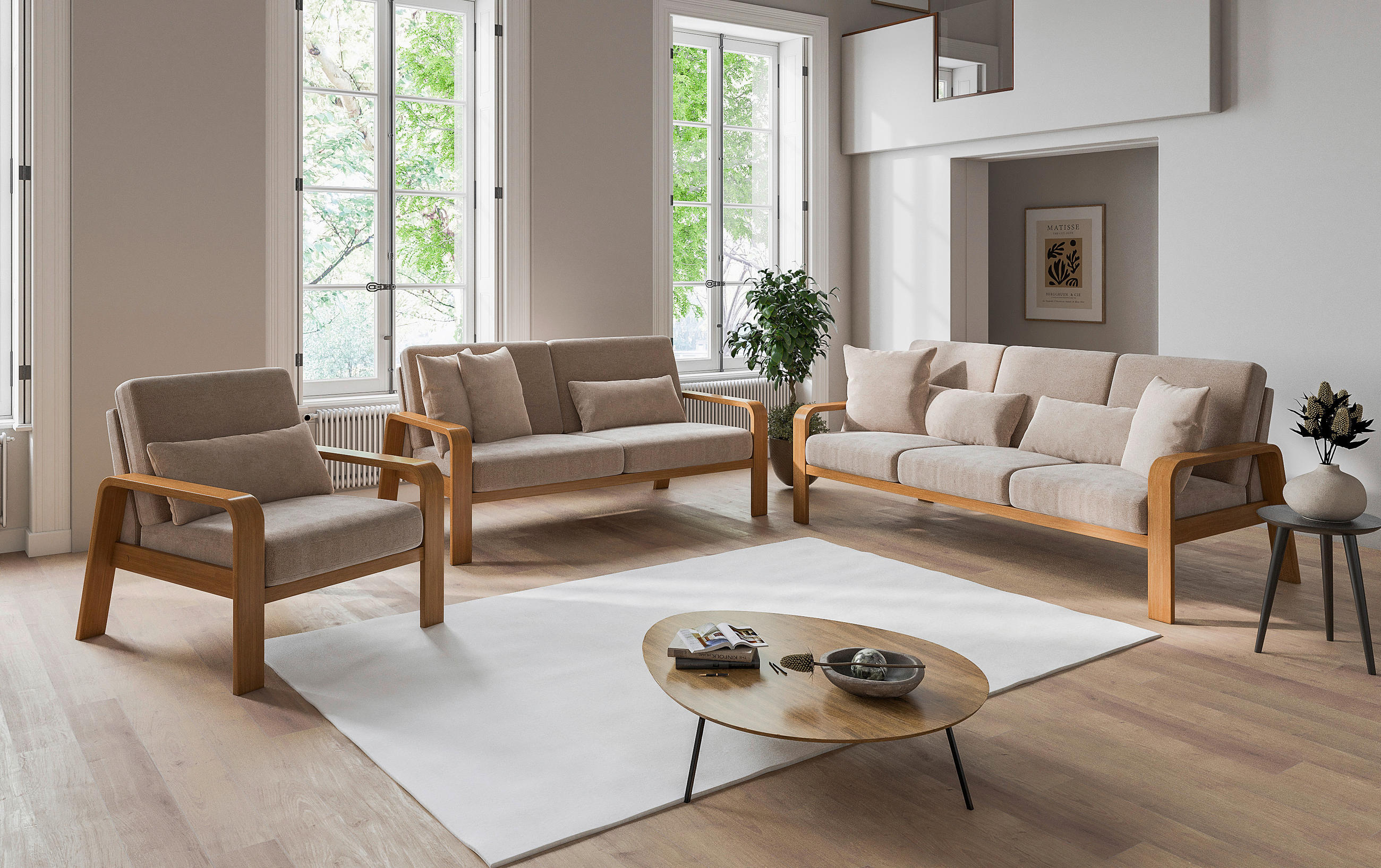 3-SITZER-SOFA Mikrofaser Naturfarben  - Eichefarben/Naturfarben, KONVENTIONELL, Holz/Textil (200/91/93cm) - Cantus