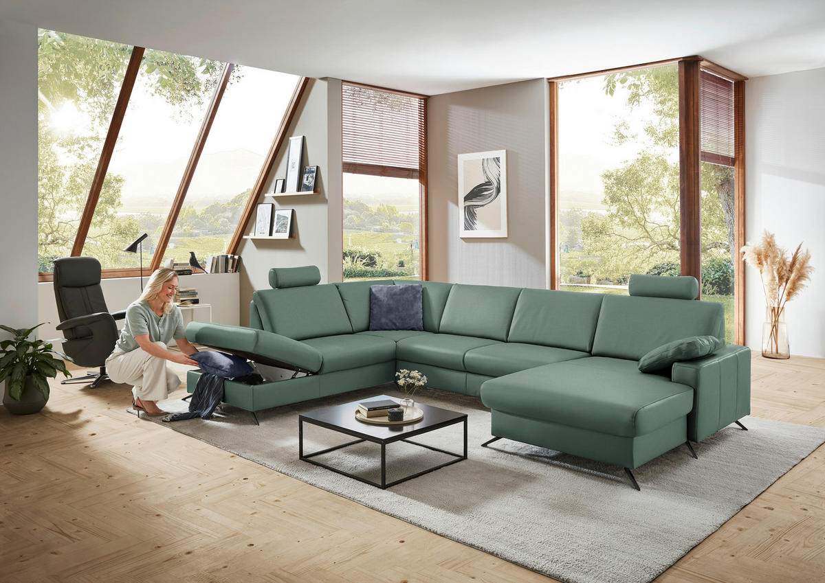 WOHNLANDSCHAFT in Echtleder Opal  - Opal/Schwarz, Design, Leder/Metall (233/339/165cm) - Beldomo Premium