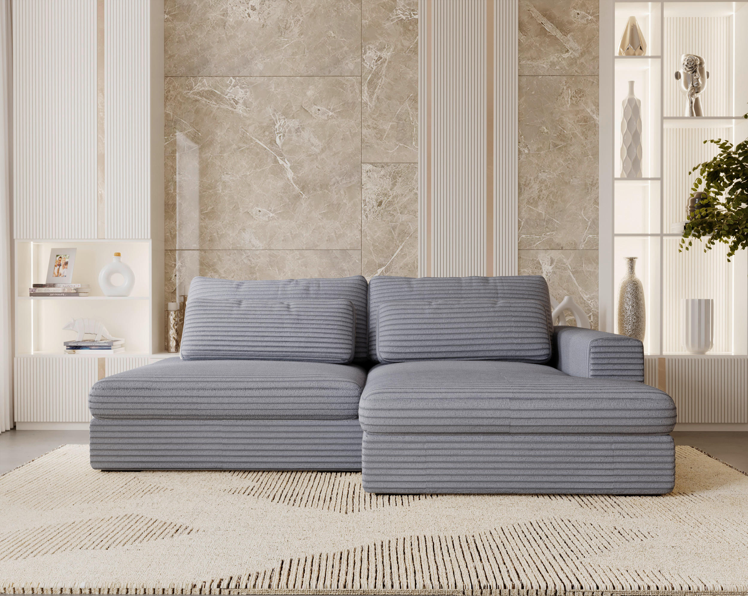 ECKSOFA Blaugrau Cord  - Blaugrau/Schwarz, Design, Kunststoff/Textil (223/158cm) - home24