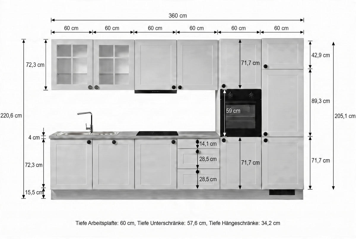 KÜCHENBLOCK IP4250 360 cm  in Braun, Hellgrau  - Hellgrau/Schwarz, Basics, Holzwerkstoff/Metall (360cm) - Impuls