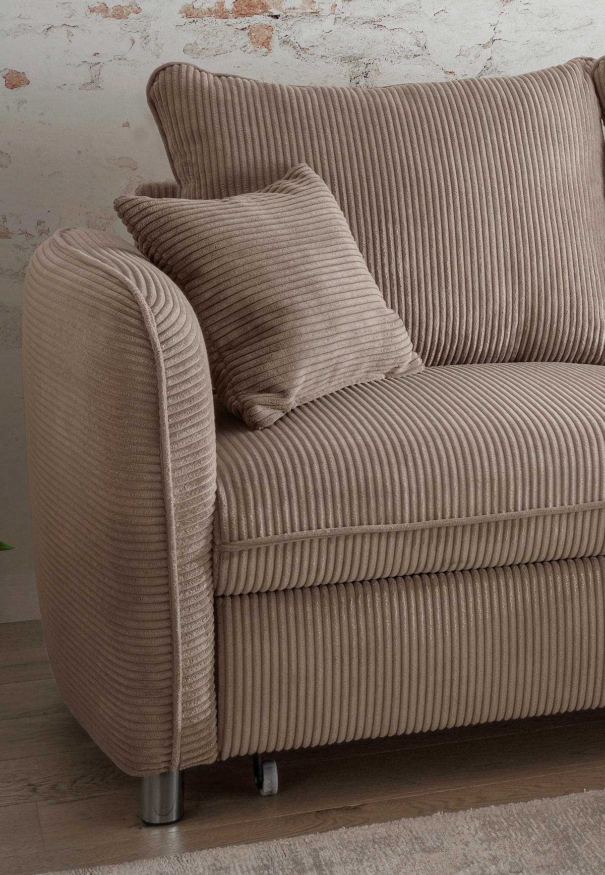 ECKSCHLAFSOFA  mit Rücken echt, Armteil links, Armteil rechts Cord Graubraun  - Chromfarben/Graubraun, MODERN, Textil/Metall (254/160cm) - Livetastic