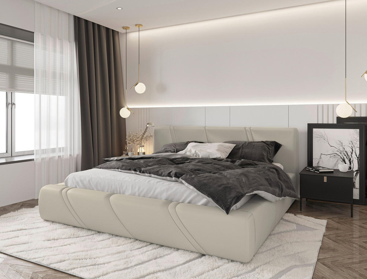 POLSTERBETT 180/200 cm,  in Beige, gepolstertes Kopfteil, Lattenrost, Bettkasten,  - Beige/Schwarz, Design, Holz/Kunststoff (180/200cm) - Chameo