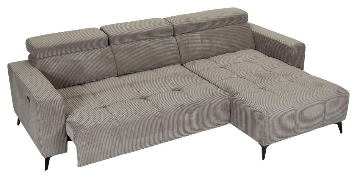 ECKSOFA Taupe Cord Rücken echt, Kopfteilverstellung, Sitzvorzug  - Taupe/Schwarz, KONVENTIONELL, Textil/Metall (257/170cm) - Carryhome