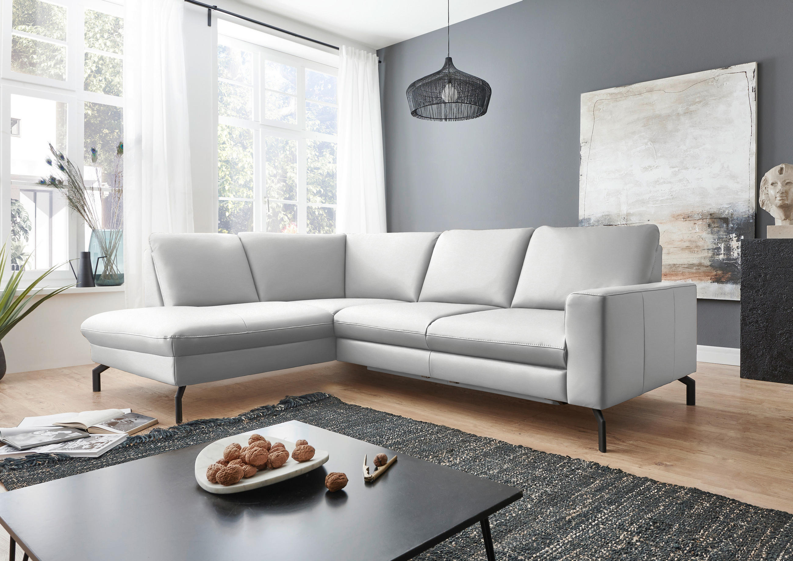 ECKSOFA in Echtleder Weiss  - Weiss/Schwarz, Design, Leder/Metall (194/250cm) - Beldomo Premium