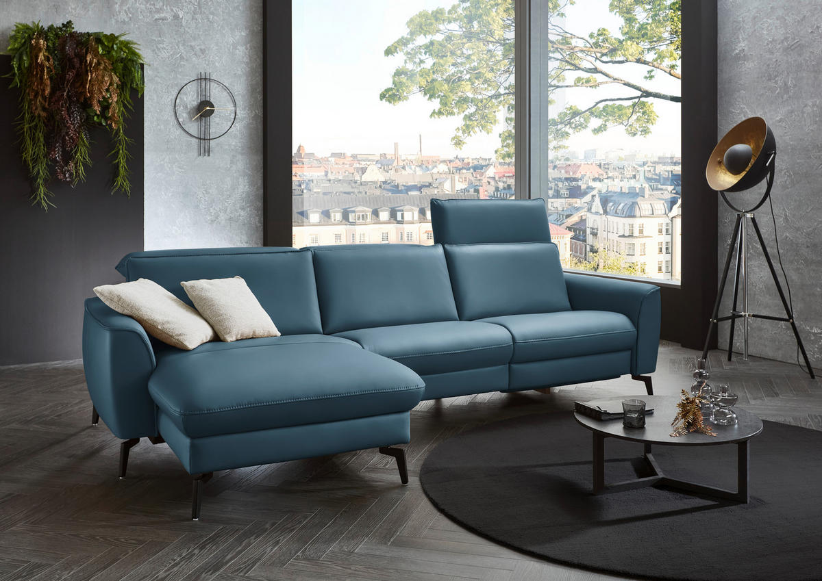 ECKSOFA in Echtleder Blau  - Blau/Schwarz, Natur, Leder/Metall (168/281cm) - Valdera