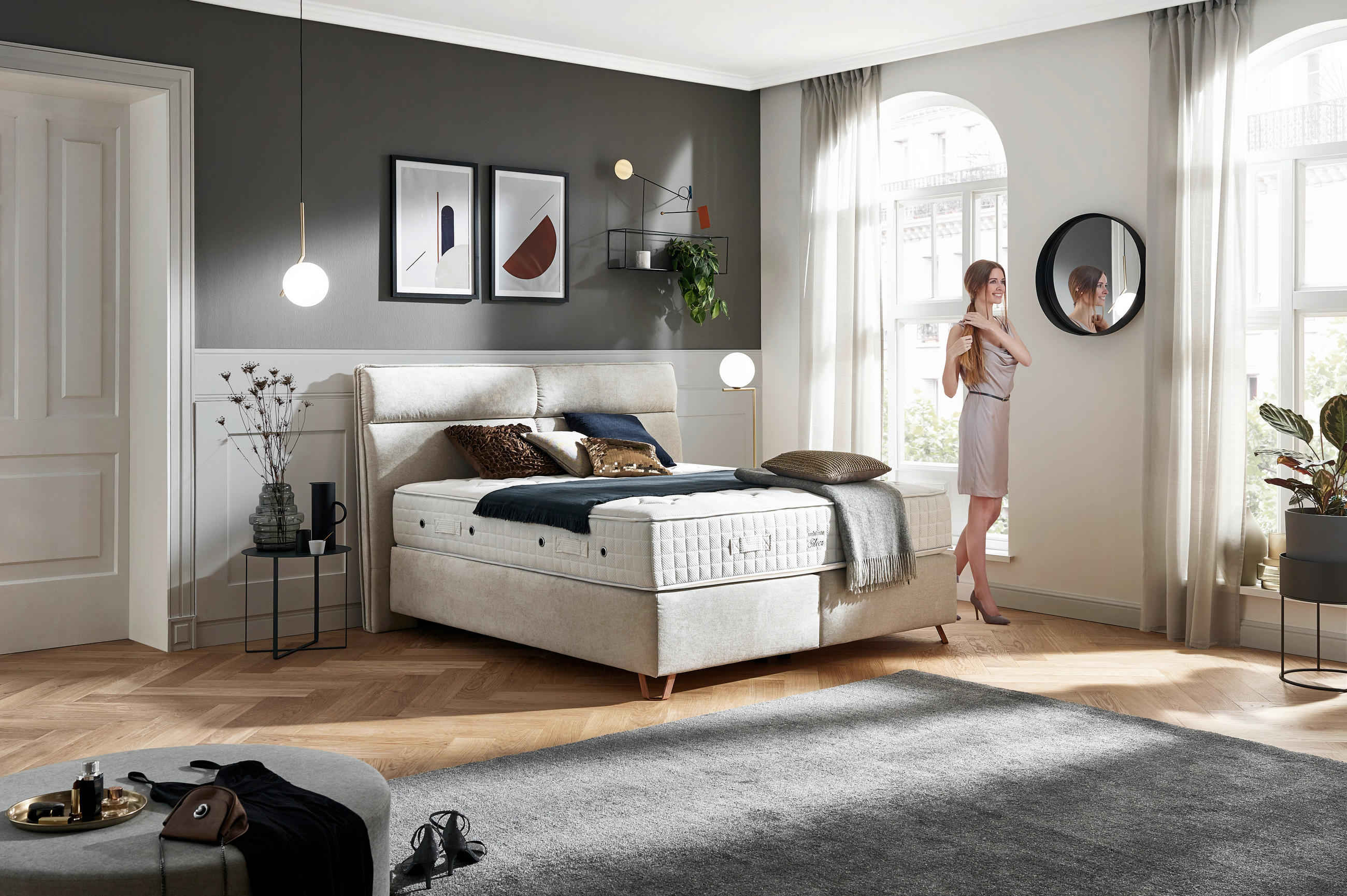 BOXSPRINGBETT 180/200 cm  in Creme  - Creme/Kupferfarben, Konventionell, Textil/Metall (180/200cm) - Ambiente