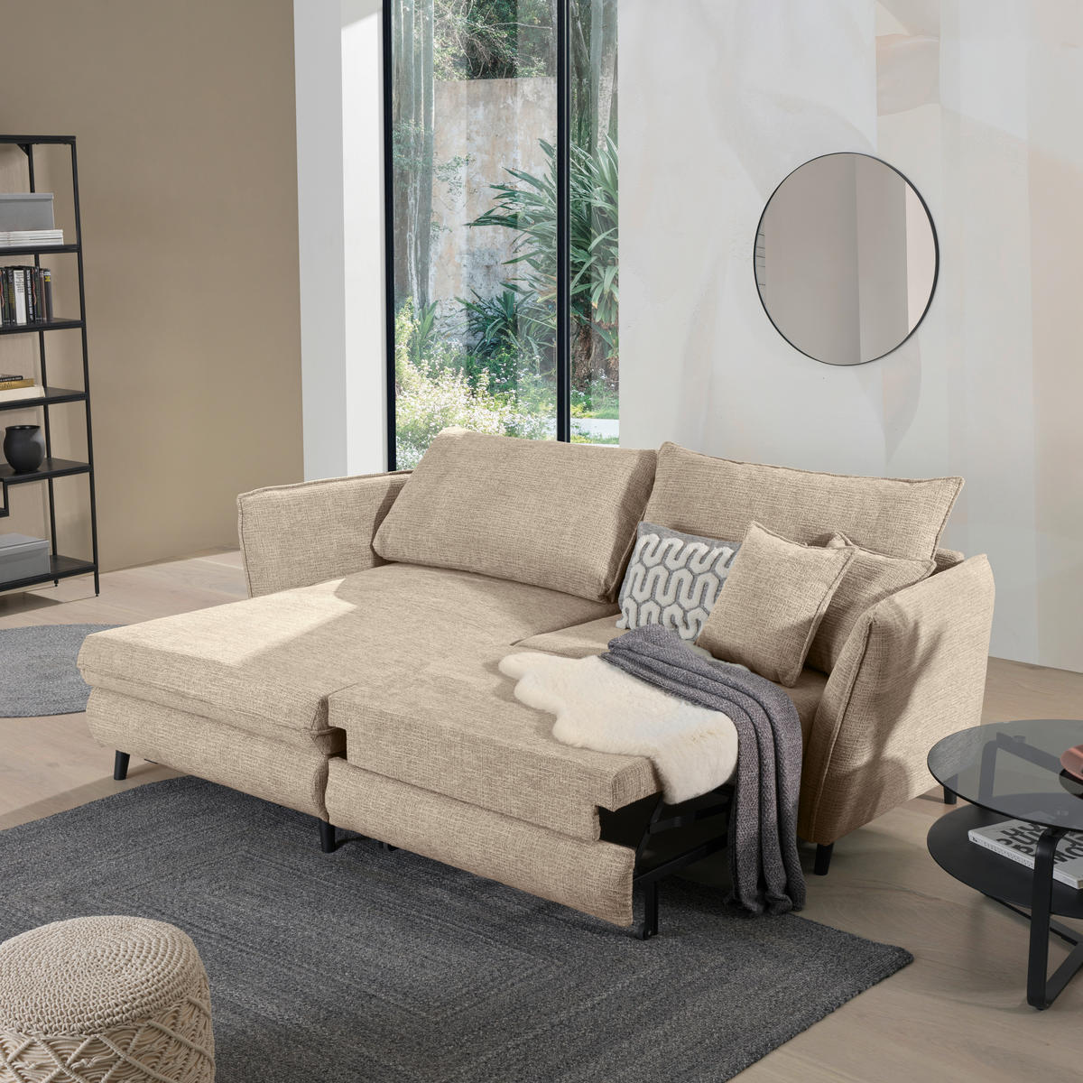 ECKSOFA inkl. Funktionen Beige Struktur  - Beige/Schwarz, Design, Holz/Textil (245/161cm) - Stylife