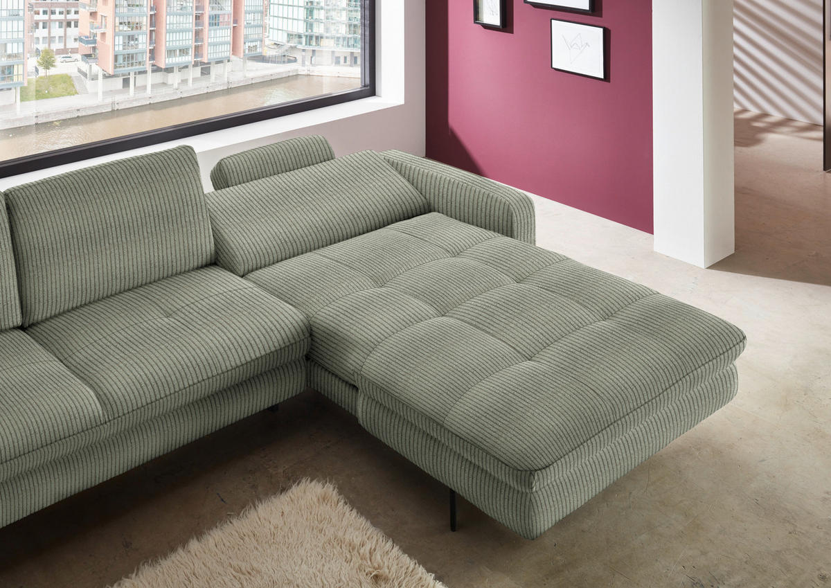 ECKSOFA in Cord Grün  - Schwarz/Grün, Design, Textil/Metall (302/178cm) - Beldomo Style