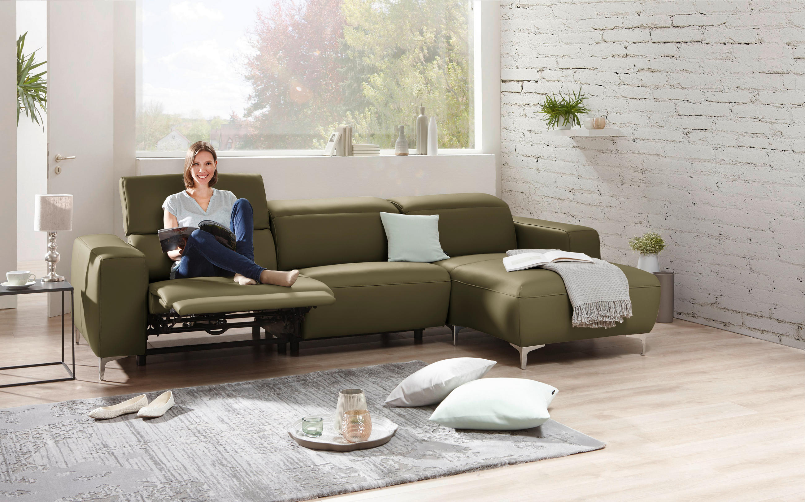 ECKSOFA in Echtleder Olivgrün  - Chromfarben/Olivgrün, Design, Leder/Metall (292/177cm) - Pure Home Lifestyle