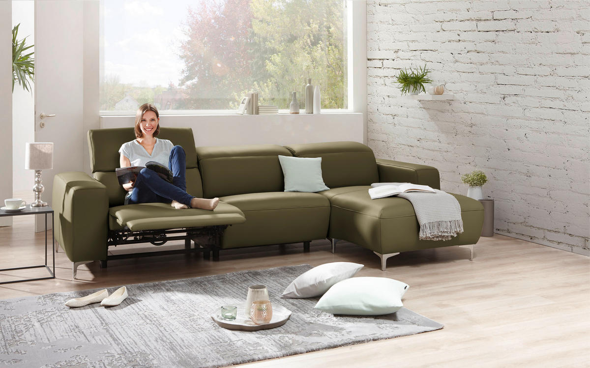 ECKSOFA in Echtleder Olivgrün  - Chromfarben/Olivgrün, Design, Leder/Metall (292/177cm) - Pure Home Lifestyle