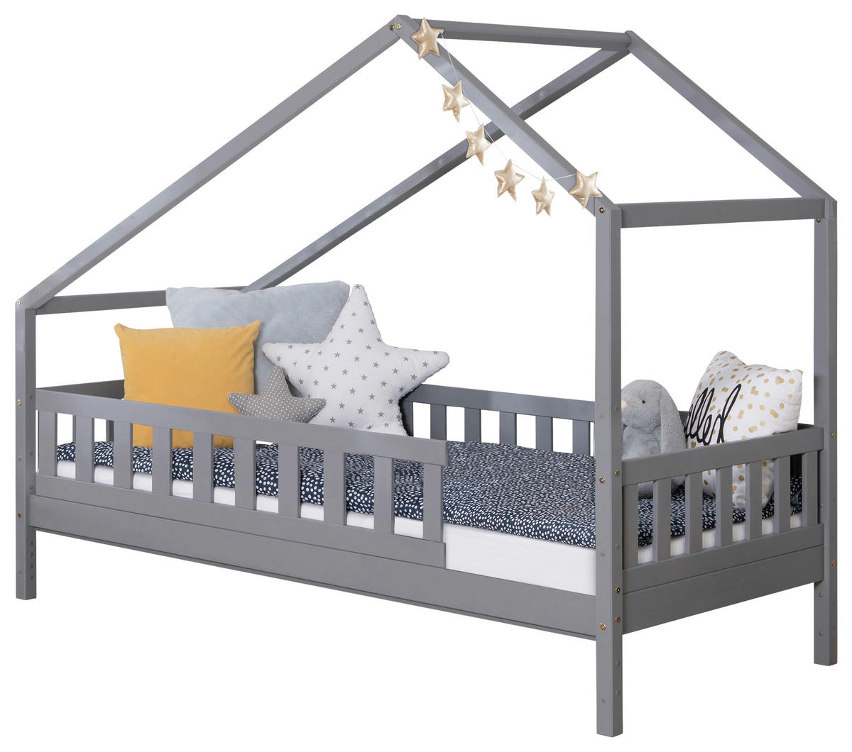 HAUSBETT 100/200 cm,  in Hellgrau, Absturzsicherung, Rollrost  - Hellgrau/Naturfarben, MODERN, Holz (100/200cm) - MID.YOU