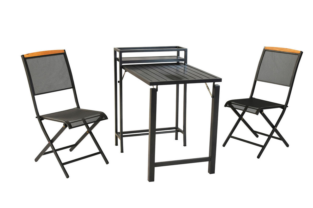 BALKONSET Graphitfarben, Akaziefarben 3-teilig  - Graphitfarben/Akaziefarben, KONVENTIONELL, Holz/Metall - Gardenson