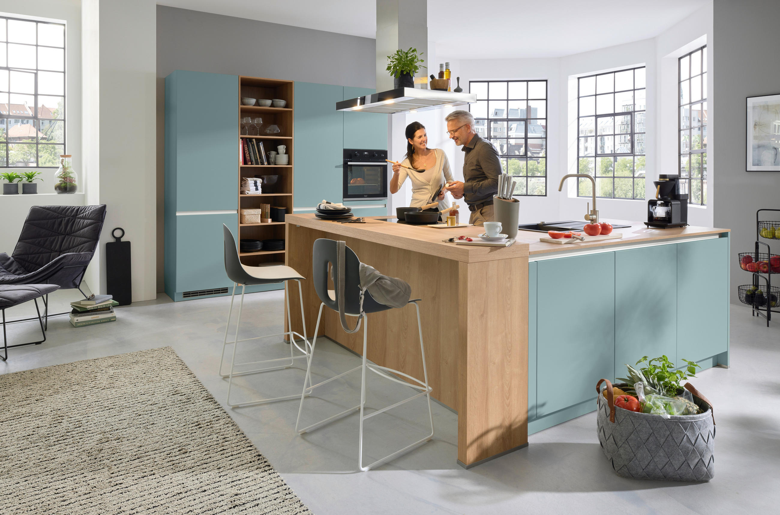 EINBAUKÜCHE SILVIA  - Eichefarben/Hellblau, Design, Holzwerkstoff - Novel
