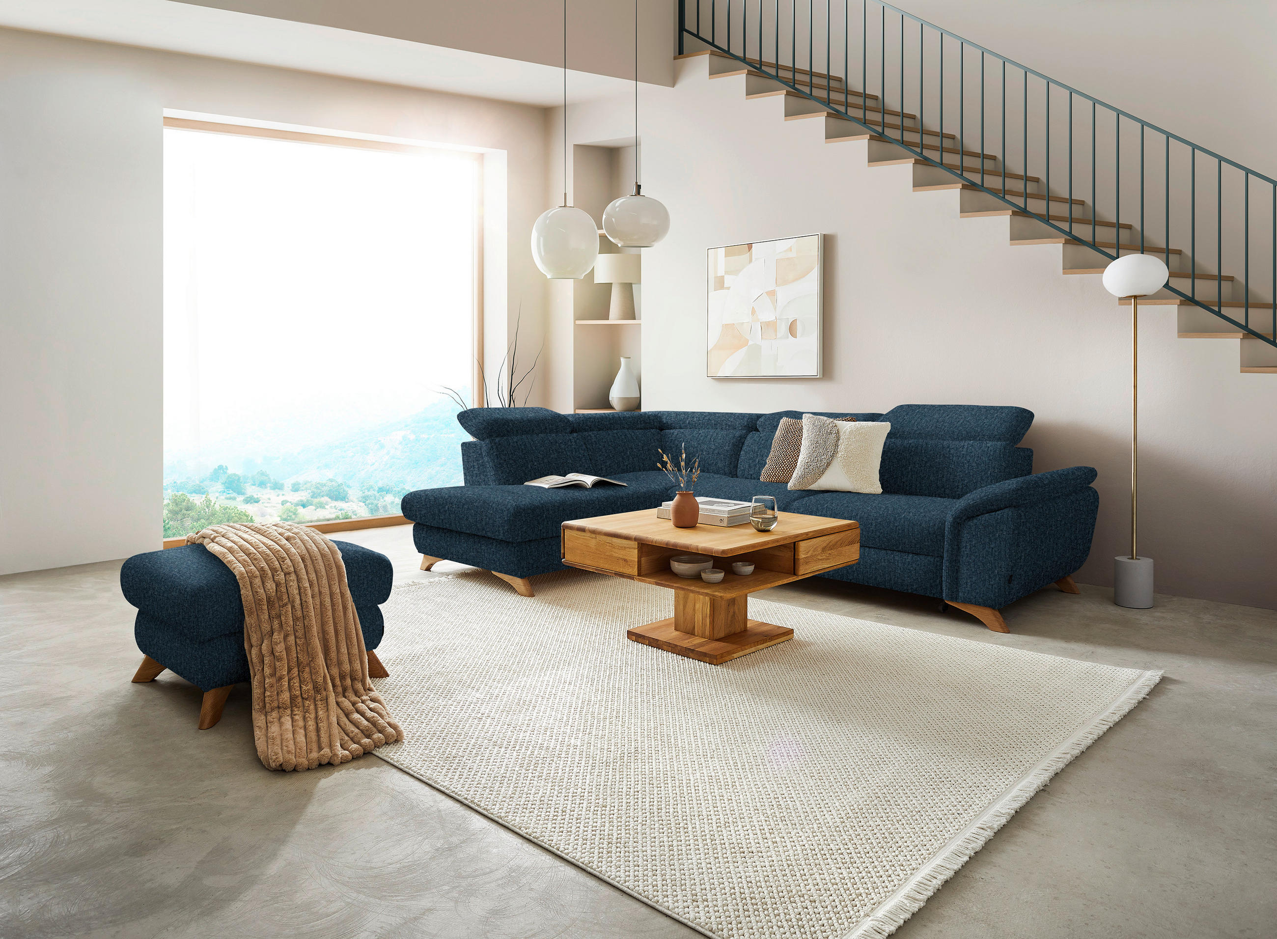 Thumbnail - Valnatura Ecksofa Mercury, Blau, Textil, Eiche, massiv, 3-Sitzer, Ottomane links, L-Form, 287x212 cm, Typenauswahl, Stof...