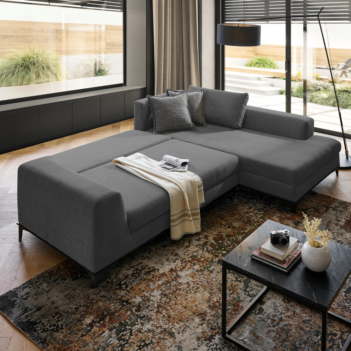 ECKSOFA inkl. Funktionen Grau Webstoff Rückenkissen, Bettkasten, Schlaffunktion, Rücken echt  - Wengefarben/Schwarz, Design, Holz/Textil (314/211cm) - Stylife