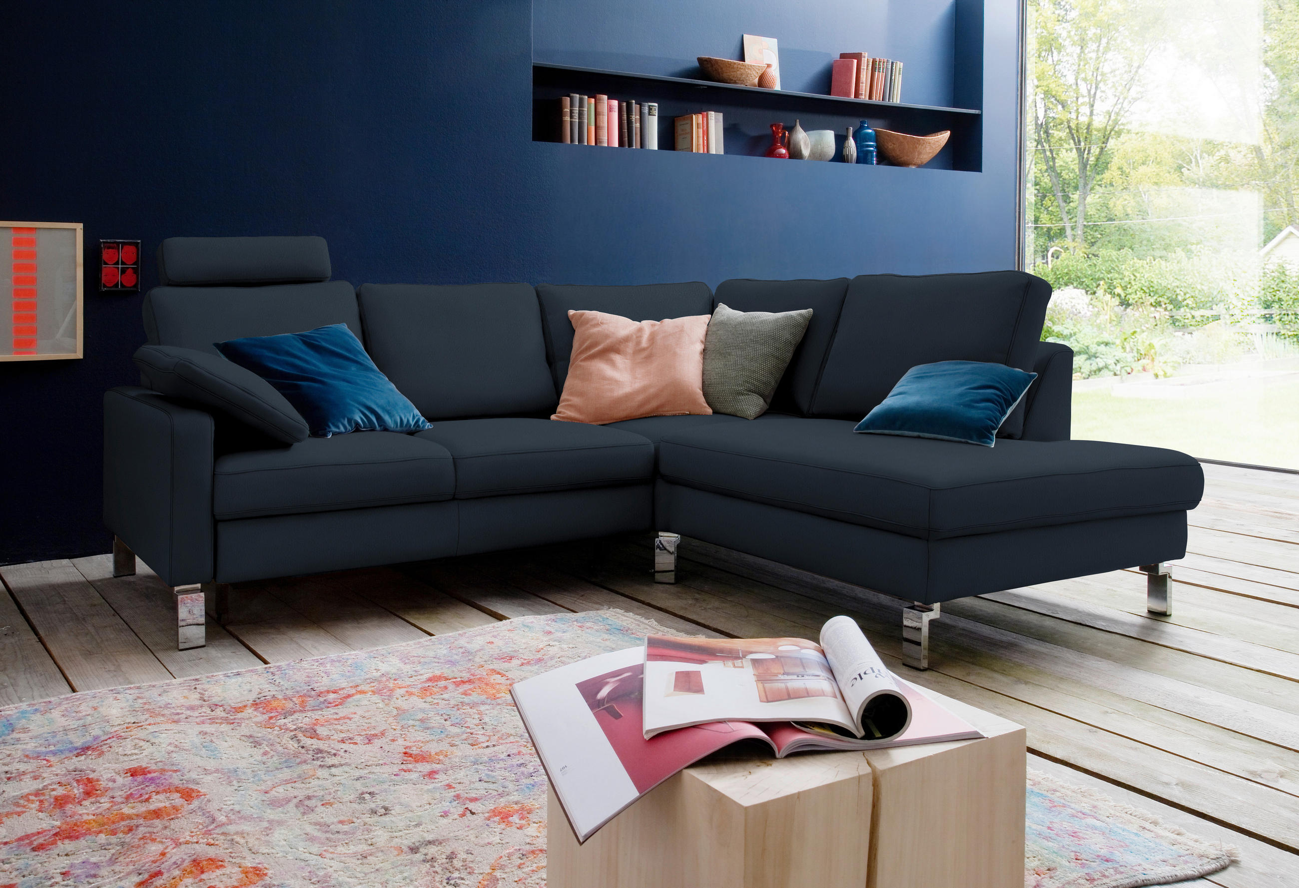 ECKSOFA in Echtleder Dunkelblau  - Chromfarben/Dunkelblau, Design, Leder/Metall (281/200cm) - Pure Home Lifestyle