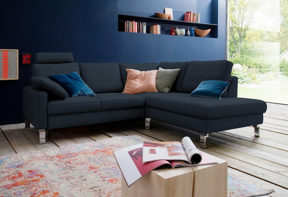 ECKSOFA in Echtleder Dunkelblau  281/200 cm  - Chromfarben/Dunkelblau, Design, Leder/Metall (281/200cm) - Pure Home Lifestyle