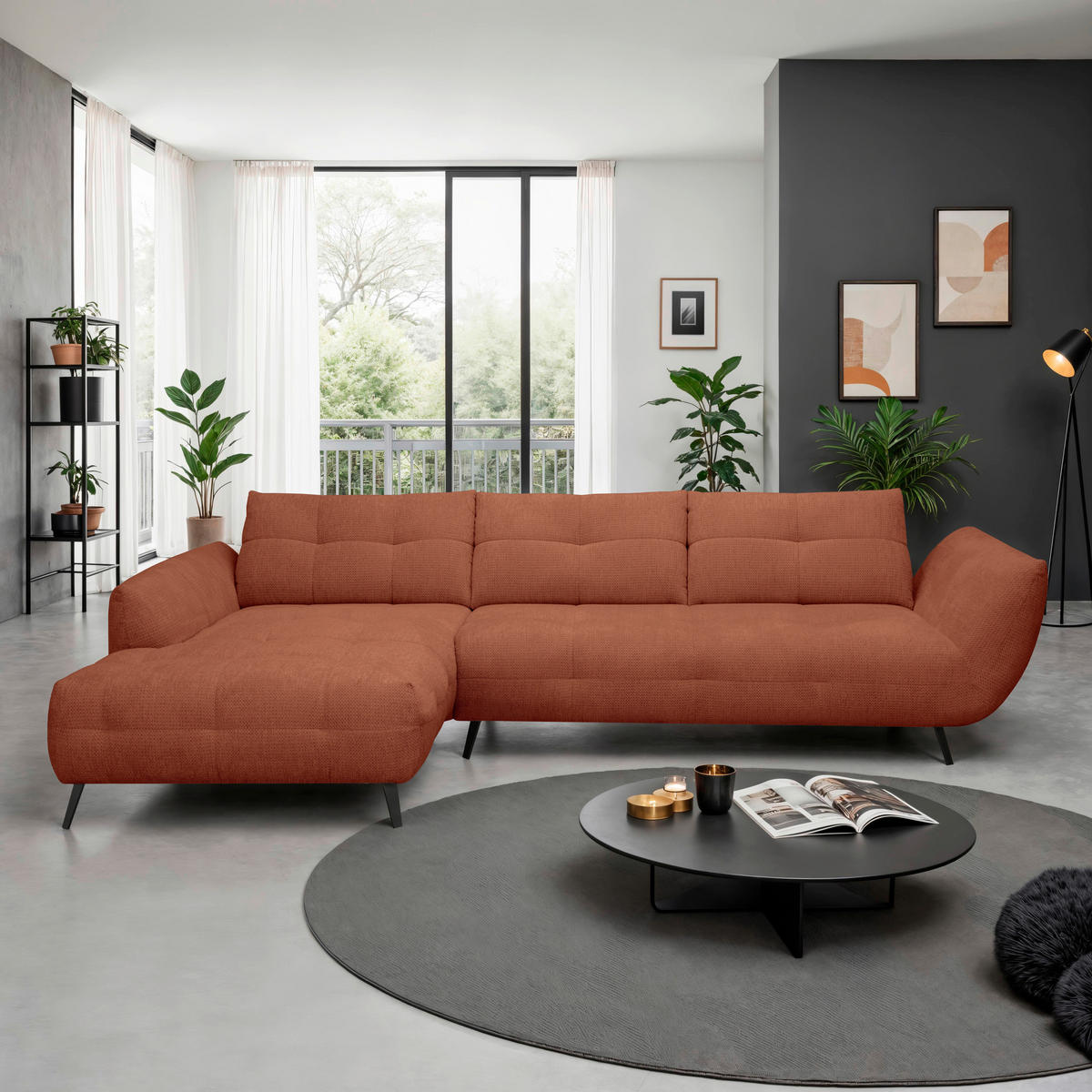 ECKSOFA Rostfarben Chenille Armlehnenkissen, Rücken echt, Sitztiefenverstellung  - Rostfarben/Schwarz, KONVENTIONELL, Textil/Metall (215/313cm) - Hom`in