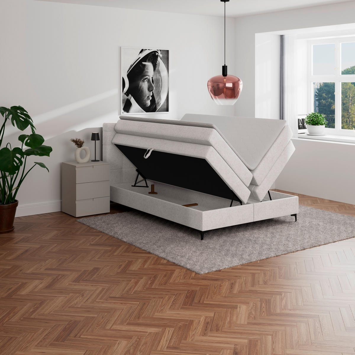 BOXSPRINGBETT 140/200 cm,  in Champagner, H3 = fest  - Champagner/Schwarz, KONVENTIONELL, Kunststoff/Textil (140/200cm)