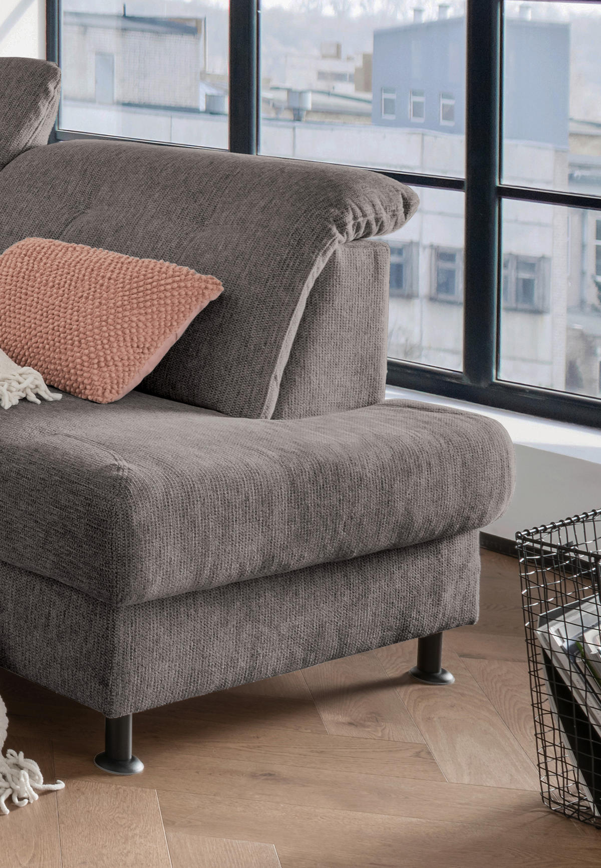 ECKSOFA in Chenille Graubraun  - Graubraun/Schwarz, Modern, Textil/Metall (270/198cm) - Livetastic