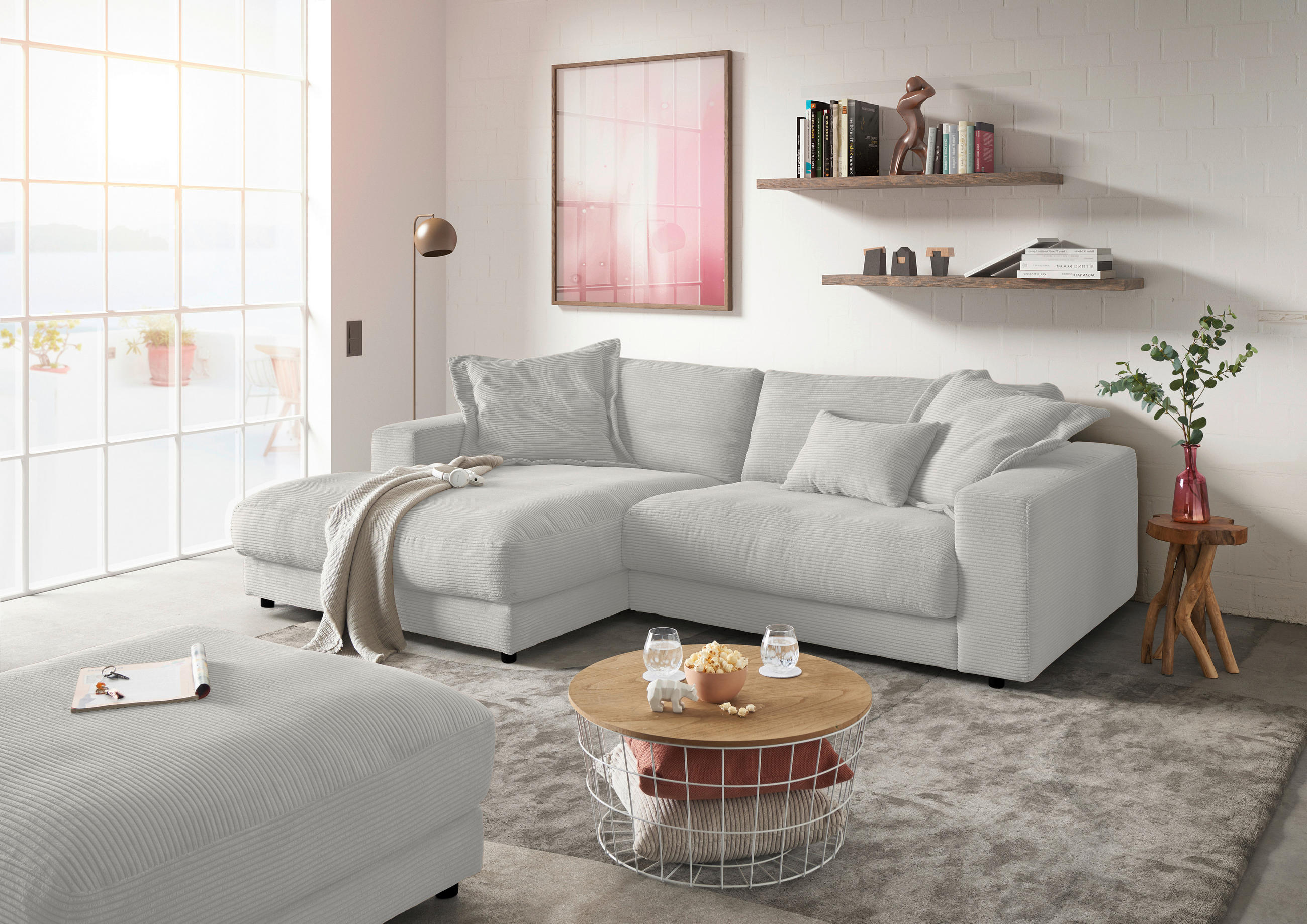 ECKSOFA in Cord Greige  - Greige/Schwarz, Design, Kunststoff/Textil (190/270cm) - Lomoco