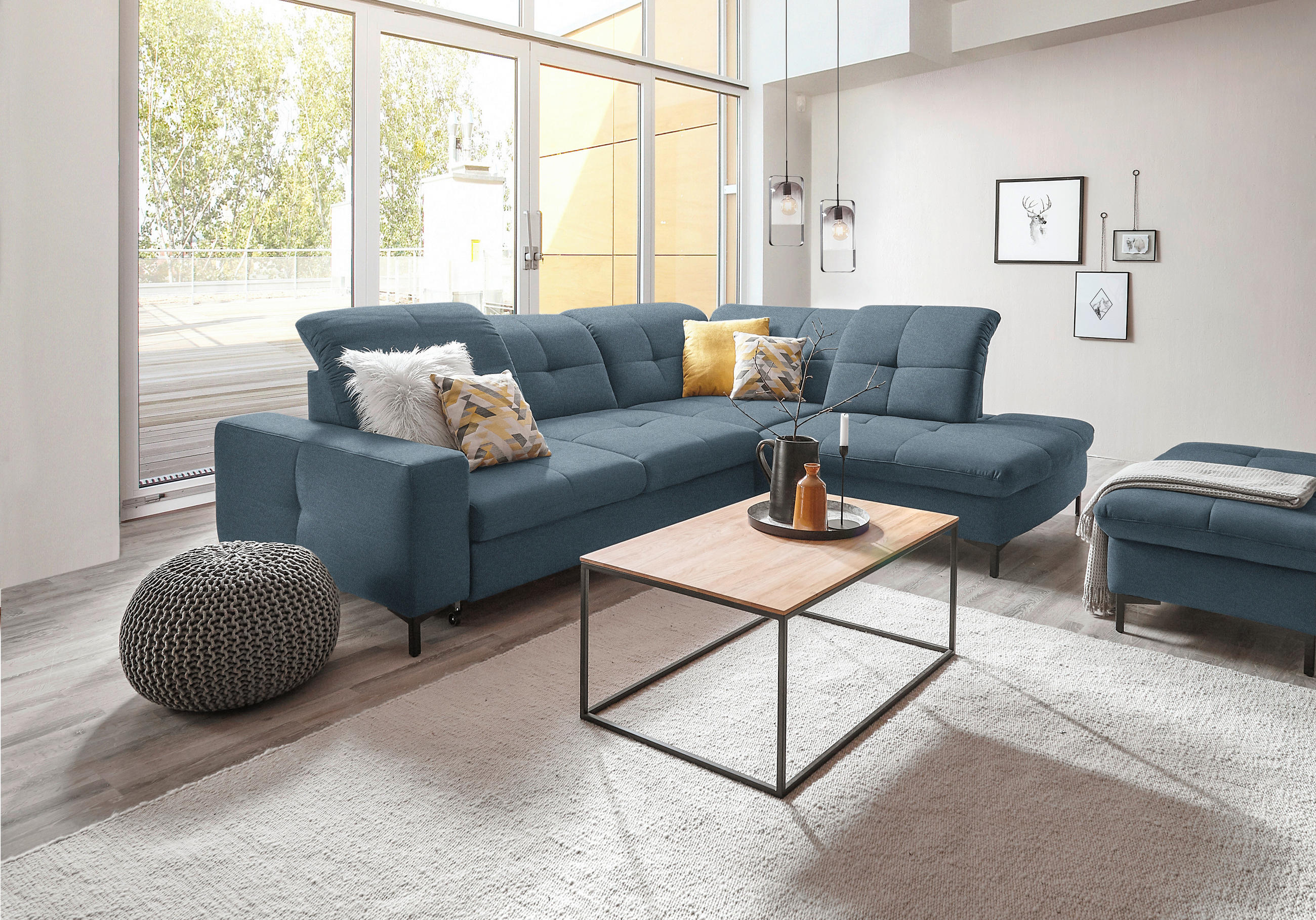 ECKSOFA in Chenille Blau  - Blau/Schwarz, Design, Textil/Metall (310/240cm) - Xora