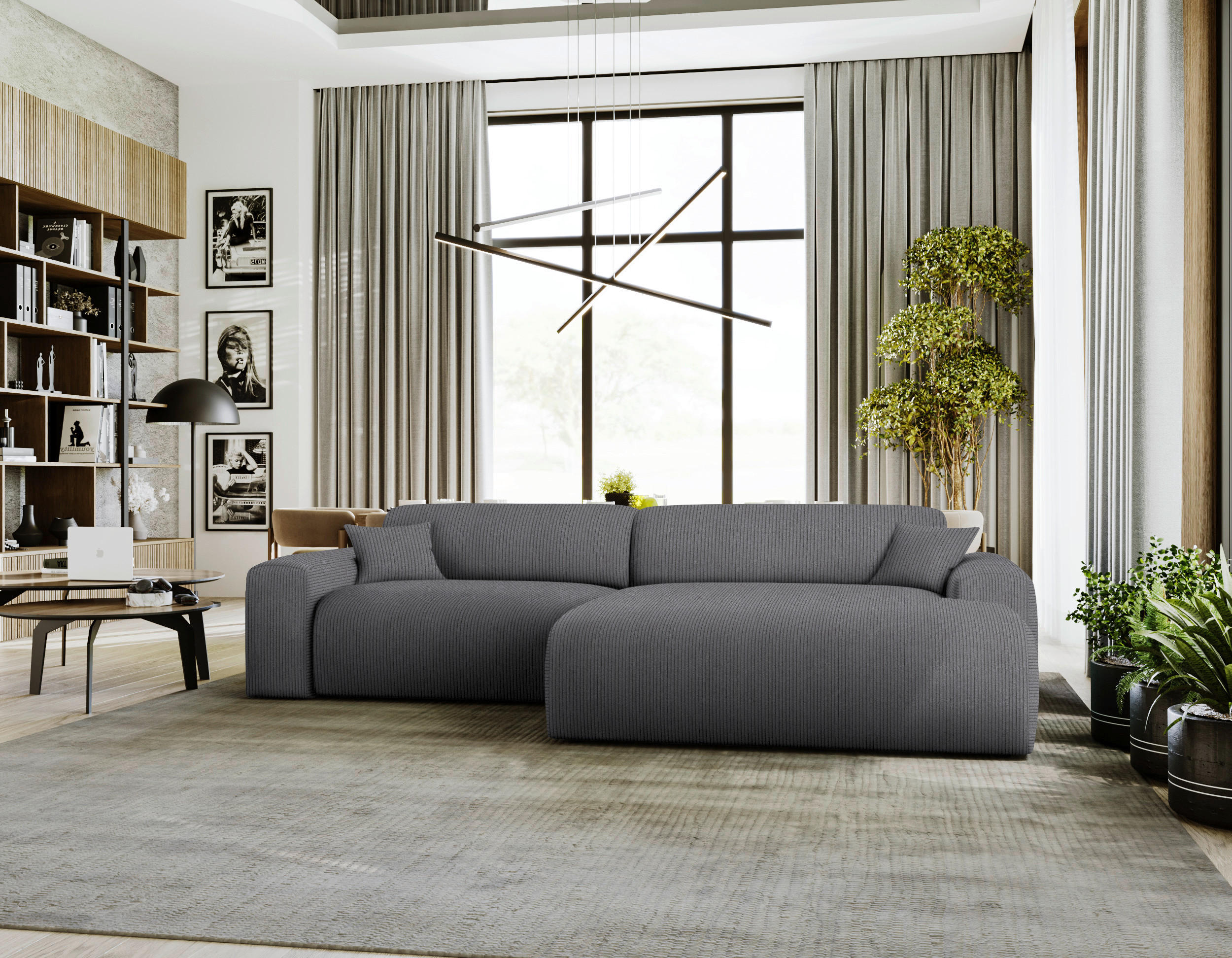 ECKSOFA in Velours, Feincord Grau  - Schwarz/Grau, Design, Kunststoff/Textil (292/178cm) - Livetastic