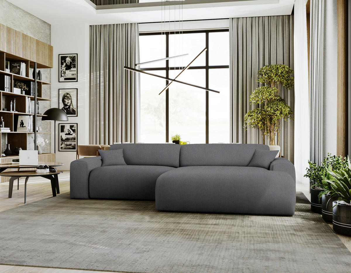 ECKSOFA in Velours, Feincord Grau  292/178 cm  - Schwarz/Grau, Design, Kunststoff/Textil (292/178cm) - home24