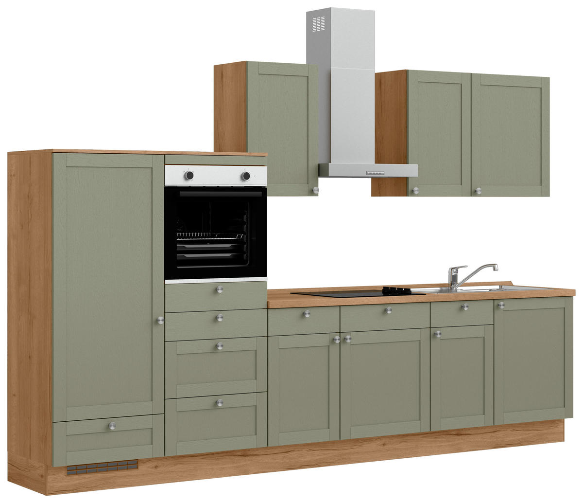 KÜCHENBLOCK Frame 330 cm  in Eichefarben, Olivgrün  - Edelstahlfarben/Eichefarben, MODERN, Holzwerkstoff/Metall (330cm) - Nobilia