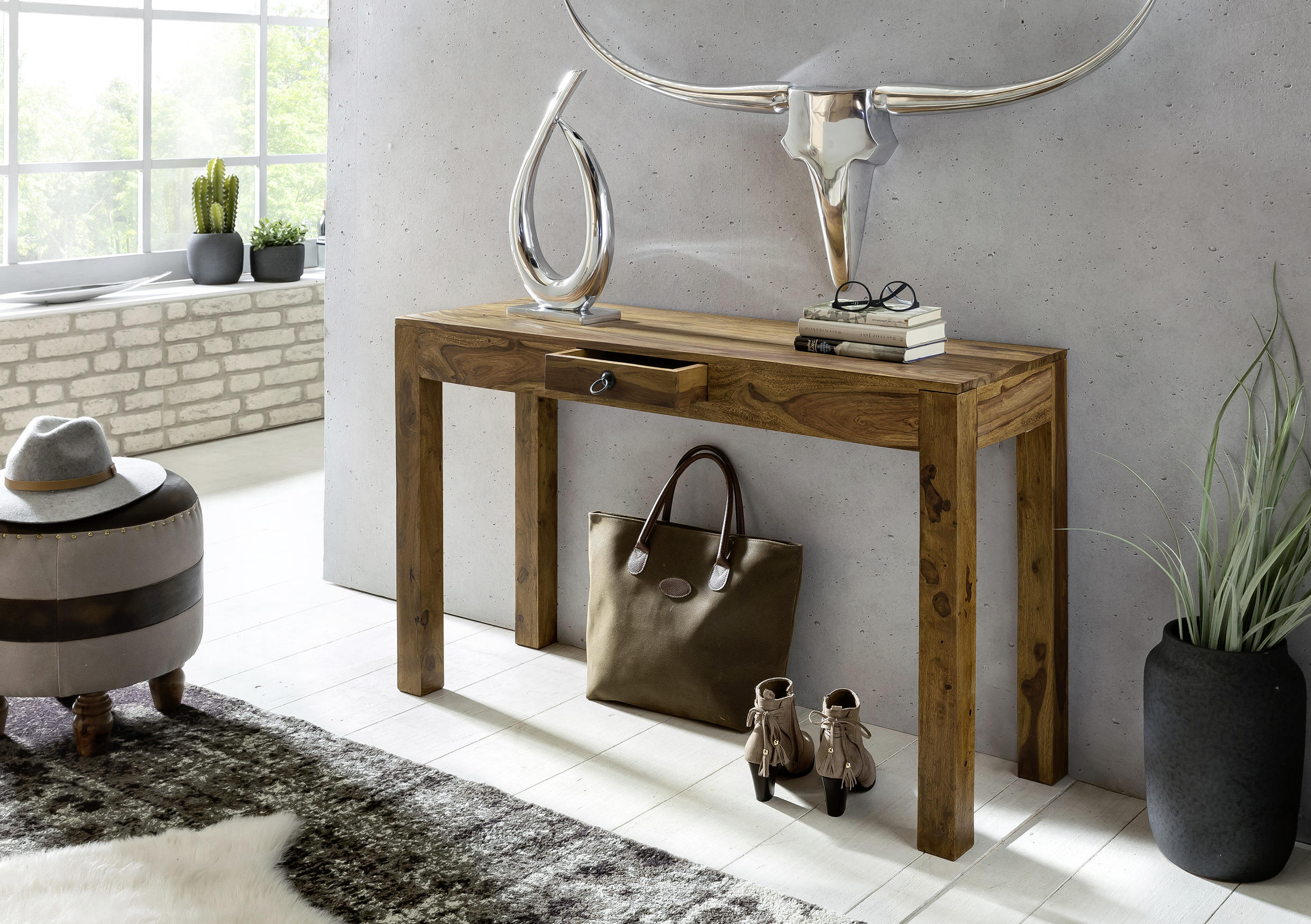 KONSOLENTISCH Sheesham massiv Sheeshamfarben  - Sheeshamfarben/Schwarz, LIFESTYLE, Holz/Metall (120/40/70cm) - MID.YOU
