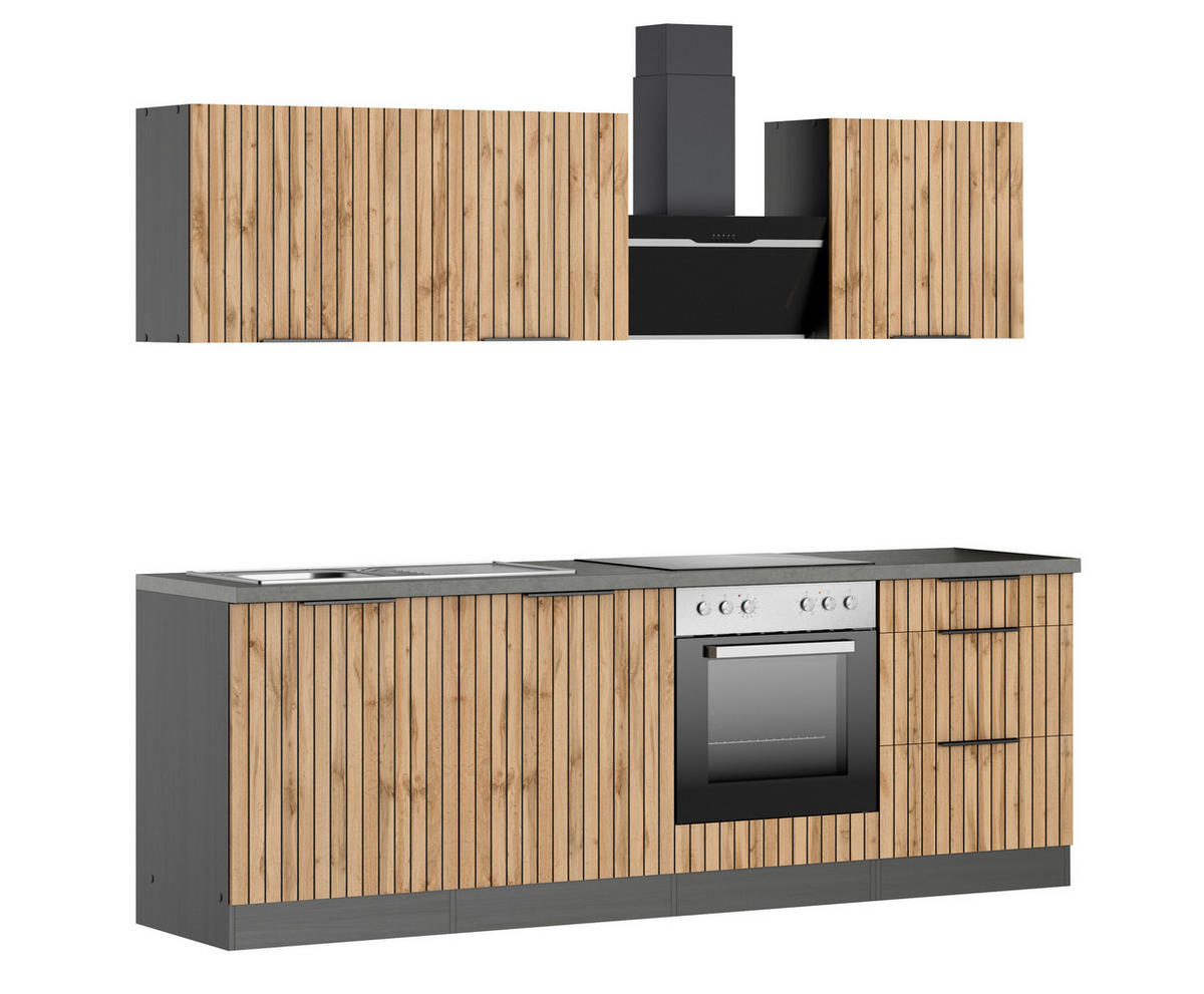 KÜCHENBLOCK 240 cm   in Graphitfarben, Eiche Wotan  - Schieferfarben/Eiche Wotan, Basics, Holzwerkstoff/Metall (240cm) - Held