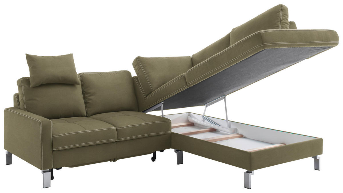 ECKSOFA in Mikrofaser Olivgrün  - Chromfarben/Beige, Design, Textil/Metall (229/200cm) - Pure Home Lifestyle