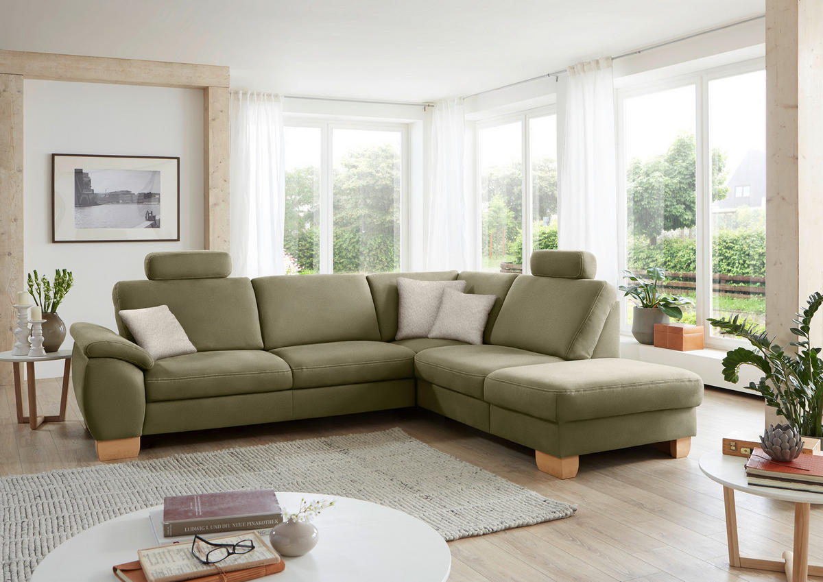 ECKSOFA in Mikrofaser Hellgrün  - Wildeiche/Beige, Natur, Holz/Textil (286/236cm) - Voleo
