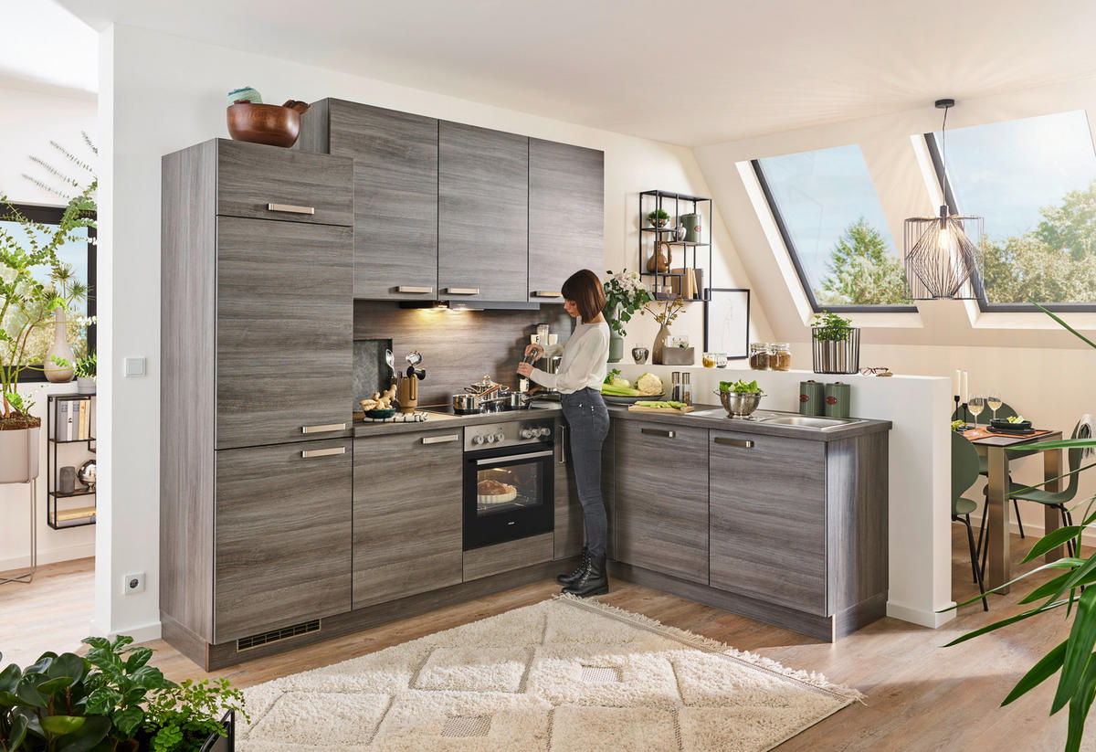 ECKKÜCHE 260/200 cm  in Eichefarben  - Edelstahlfarben/Eichefarben, Design, Holzwerkstoff/Metall (260/200cm) - Welnova