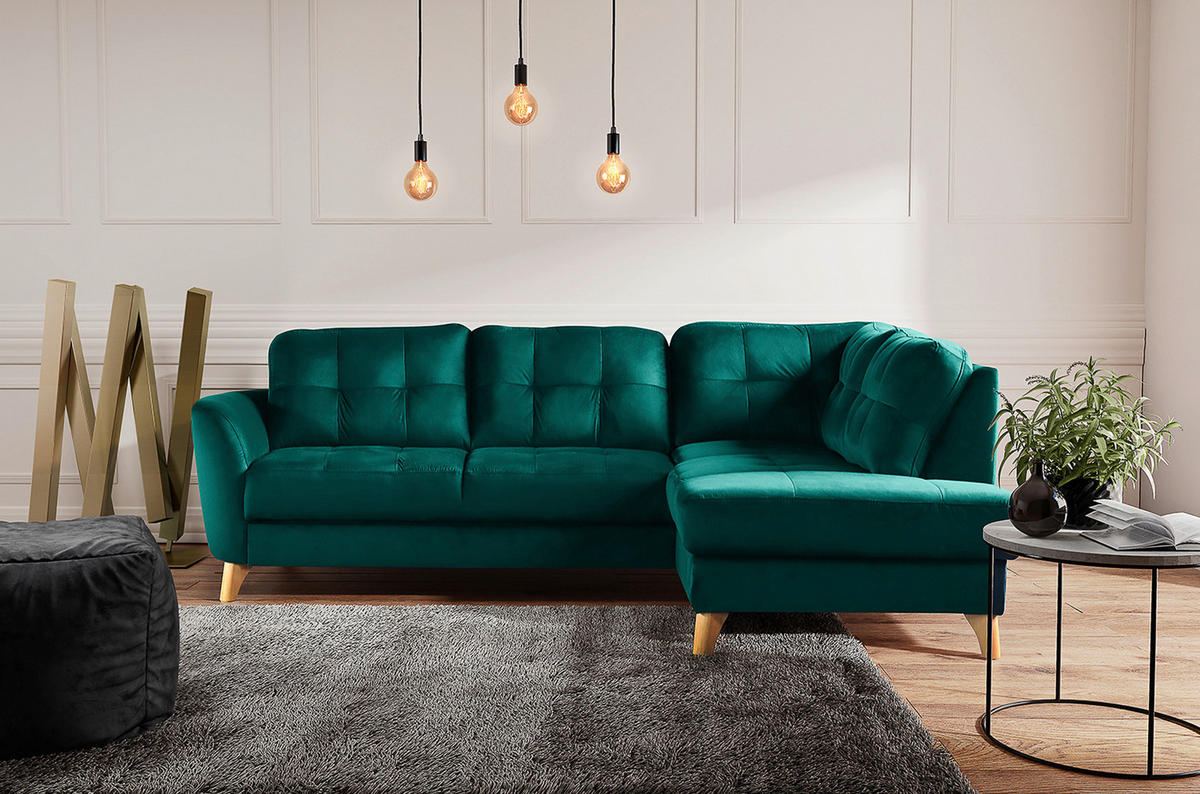 ECKSOFA Petrol Samt  - Buchefarben/Petrol, Design, Holz/Textil (236/190cm) - Livetastic