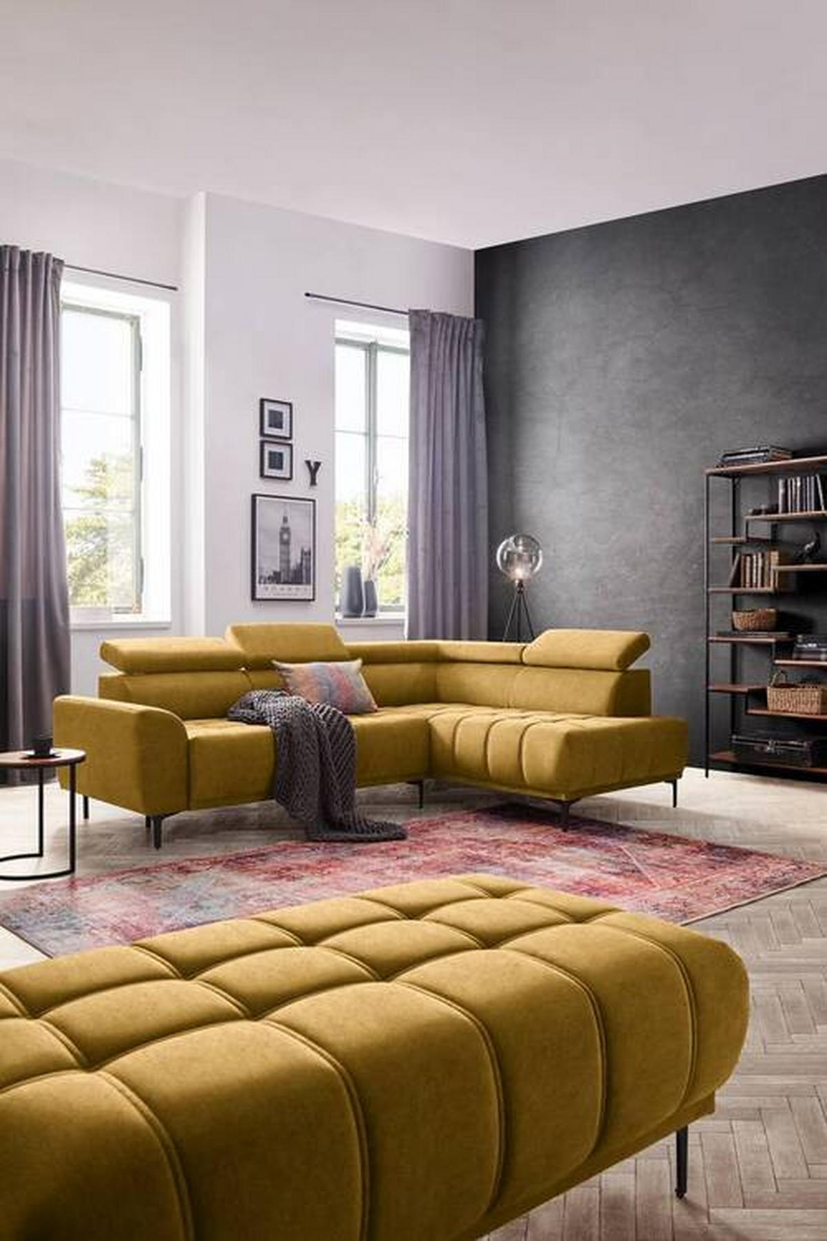 ECKSOFA in Velours Gelb, Goldfarben  - Gelb/Goldfarben, Design, Textil/Metall (261/191cm) - Stylife